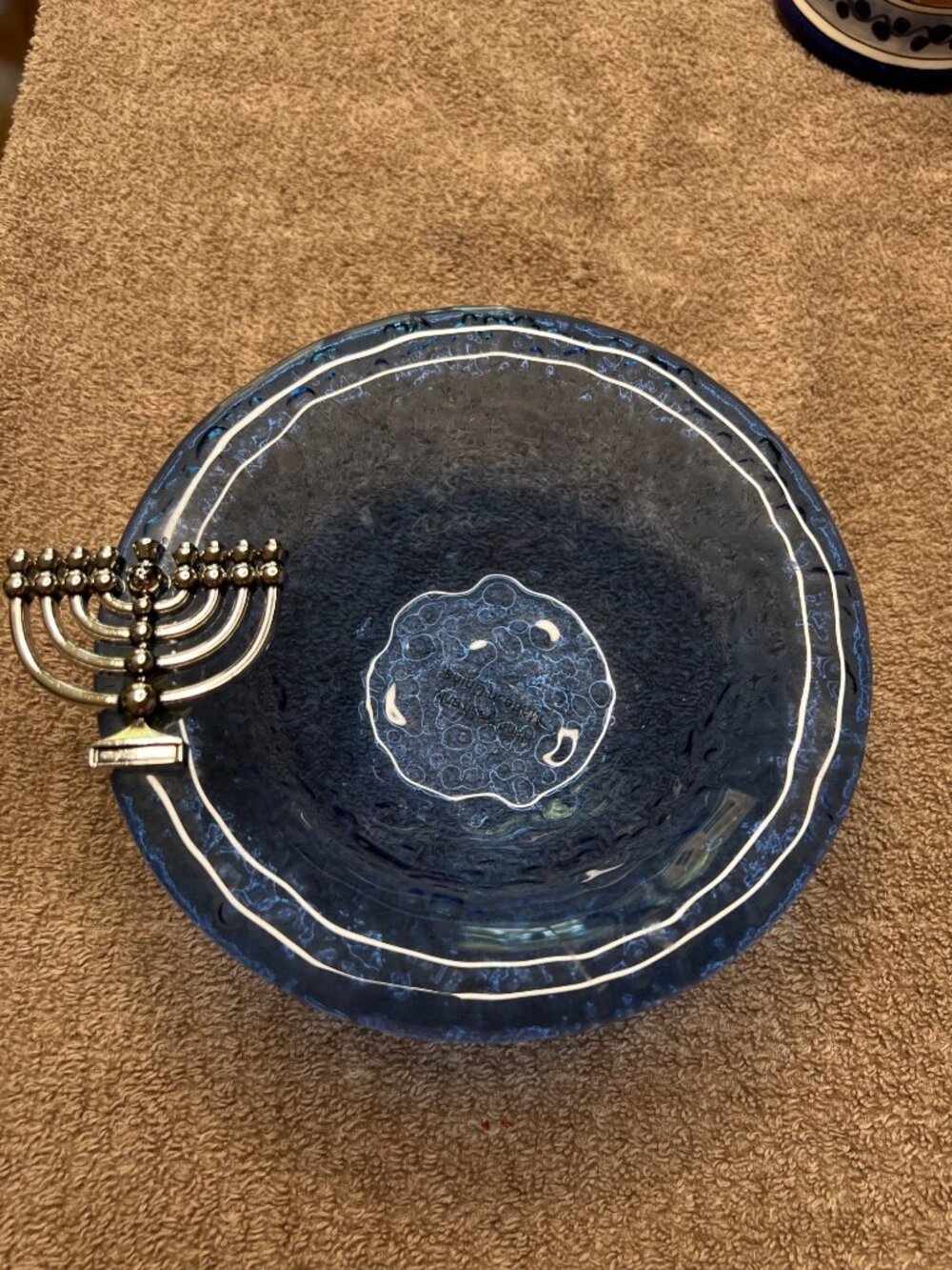 Silverplated Menorah Cobalt Blue Glass Bowl Textured Design Hanukkah Judaica EUC